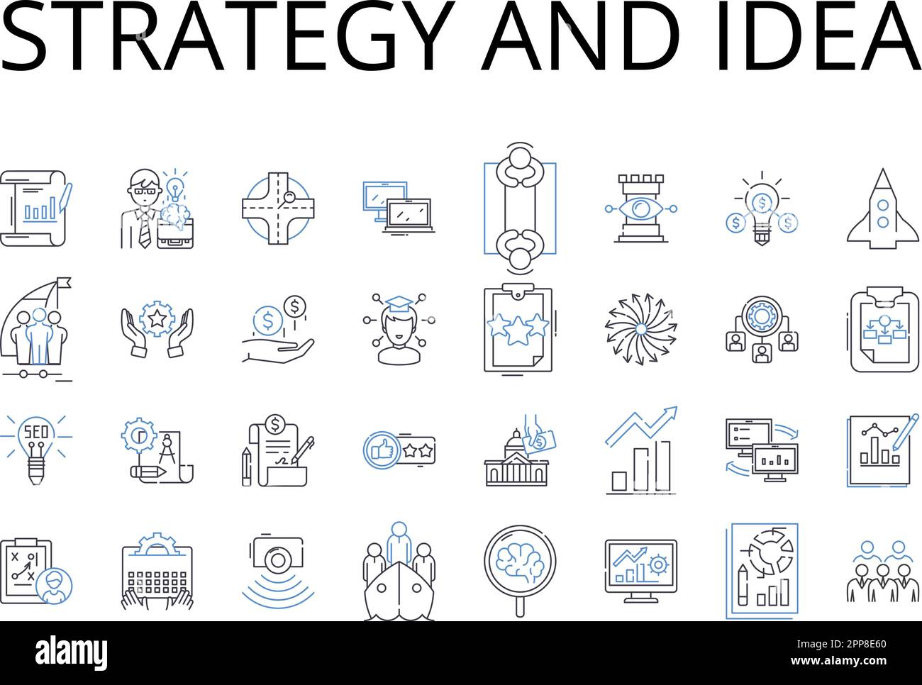 Collection d'icônes de stratégie et de ligne d'idées. But et objectif, Vision et mission, Plan et schéma, approche et méthode, orientation et instruction Illustration de Vecteur