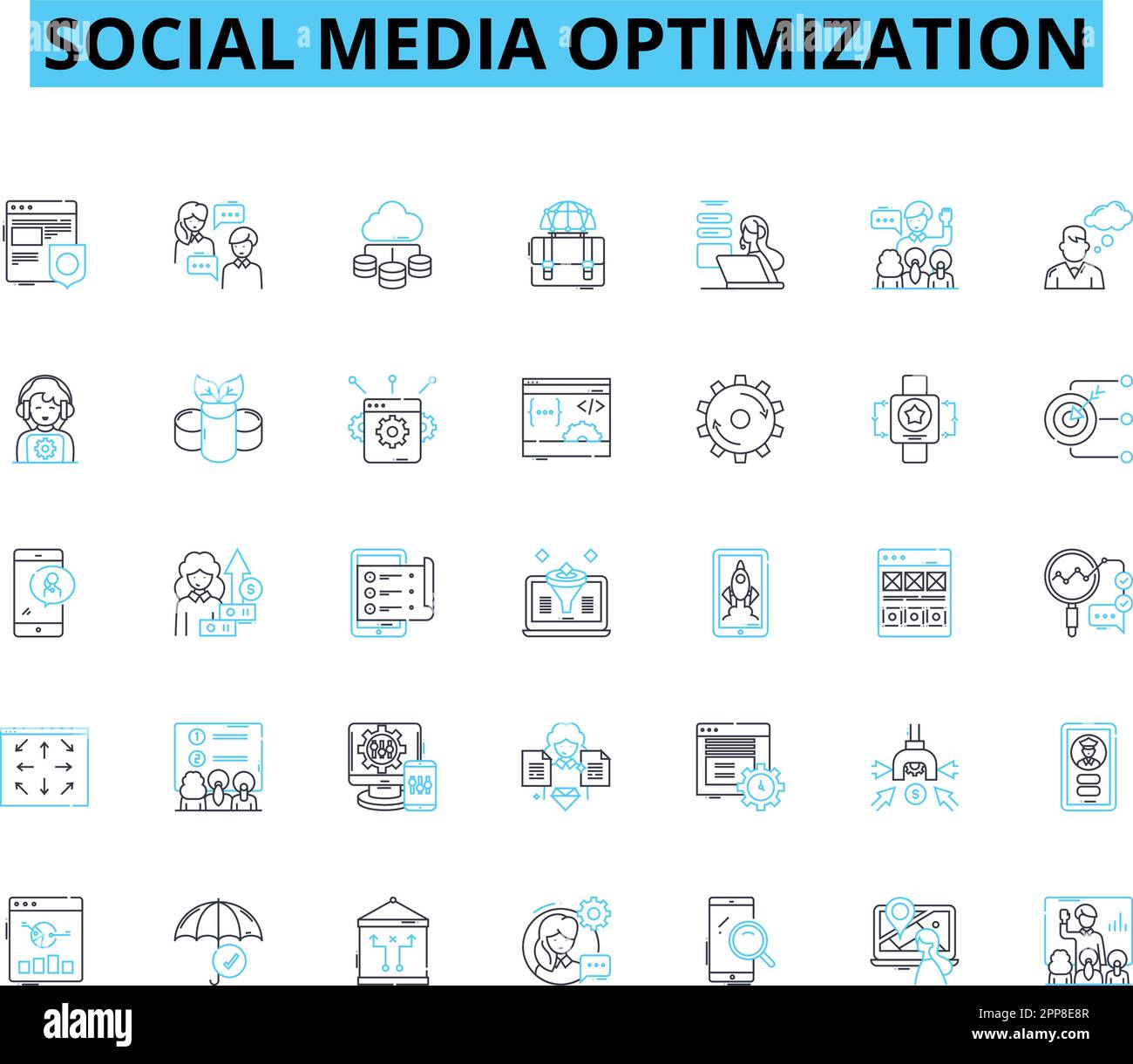Ensemble d'icônes linéaires d'optimisation des médias sociaux. Marquage, engagement, partage, visibilité, contenu, Analyses, marqueurs de ligne et signes de concept Illustration de Vecteur