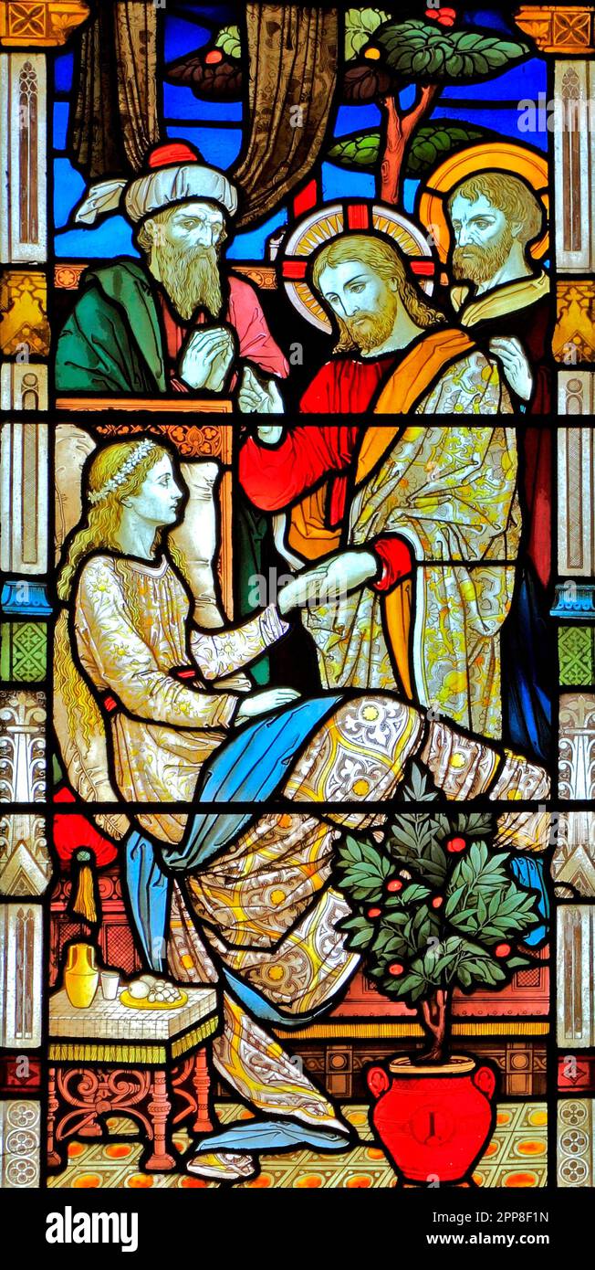 Miracles de Jésus, rassemblements de Jarius' fille, Talitha Koum, vitrail, par Heaton Butler & Bayne, 1878, Thetford, Norfolk, England, UK Banque D'Images