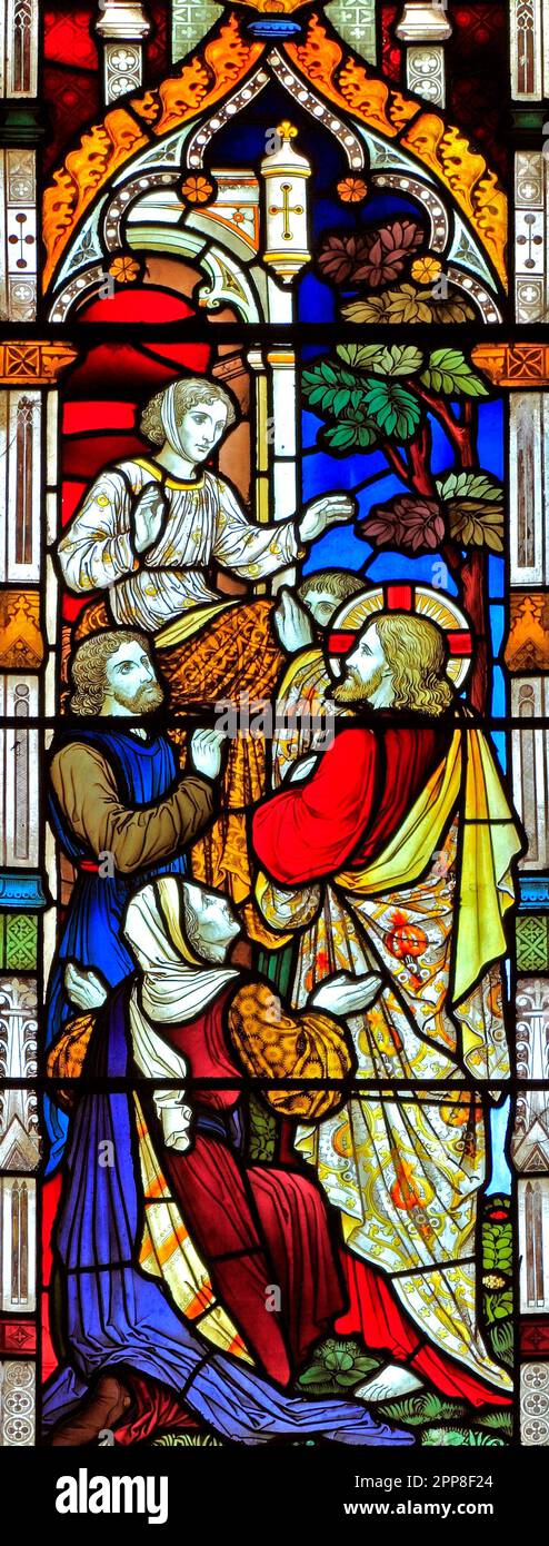 Les miracles de Jésus, te le dis surviennent, vitrail, par Heaton Butler & Bayne, 1878, Thetford, Norfolk, England, UK Banque D'Images