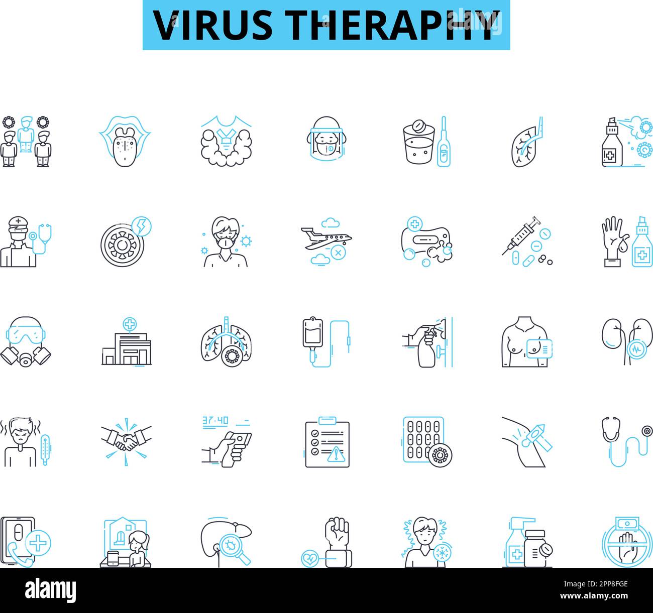 Ensemble d'icônes linéaires de la thérapie virale. Immunothérapie, thérapie génique, antiviraux, vaccins, anticorps, Rétrovirus, vecteur de ligne oncolytique et signes conceptuels Illustration de Vecteur