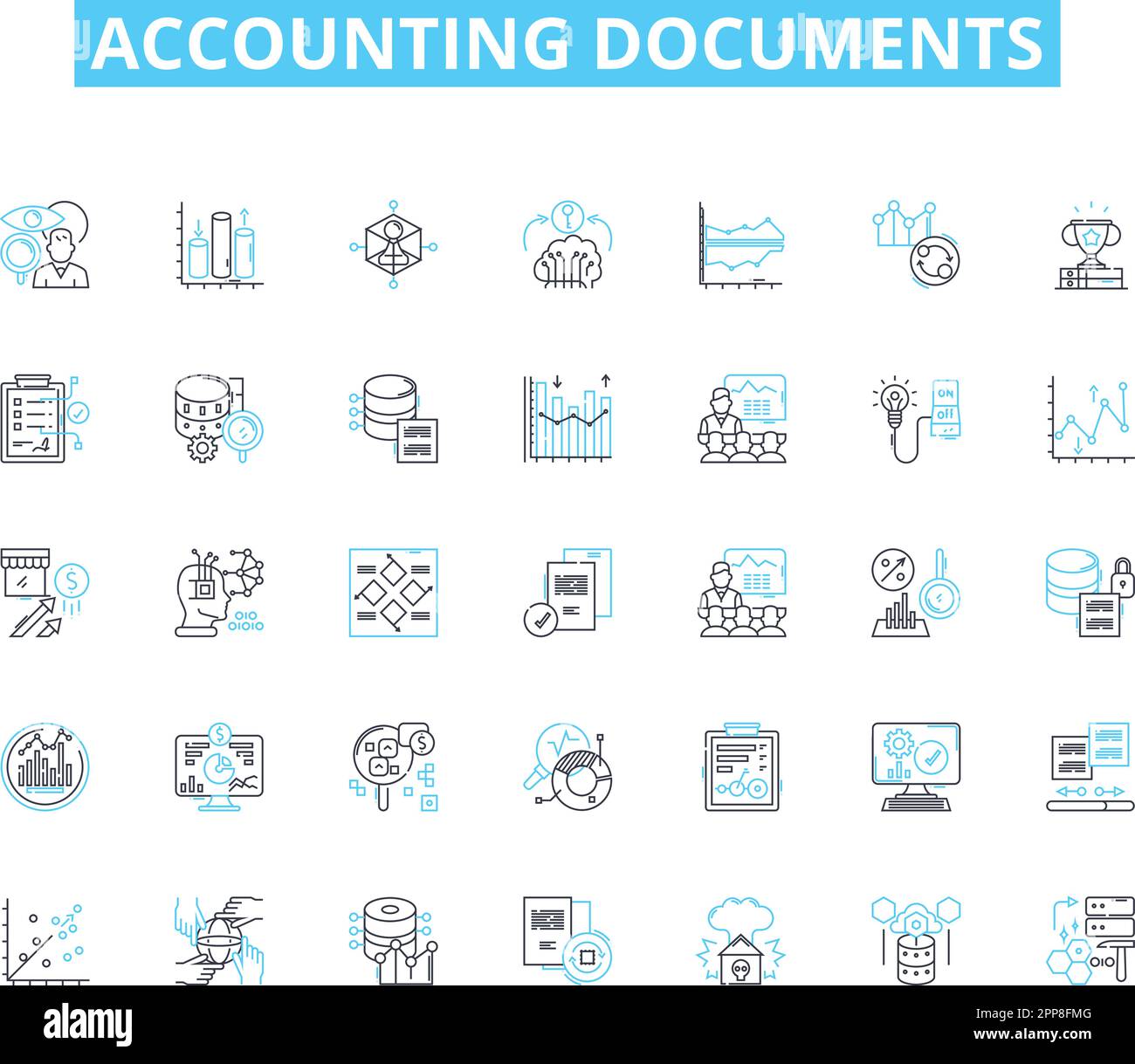 Jeu d'icônes linéaires des documents comptables. Grand livre, Journal, bilan, compte de résultat, compte de flux de trésorerie, Déclaration de taxe, vecteur de ligne de facture et Illustration de Vecteur