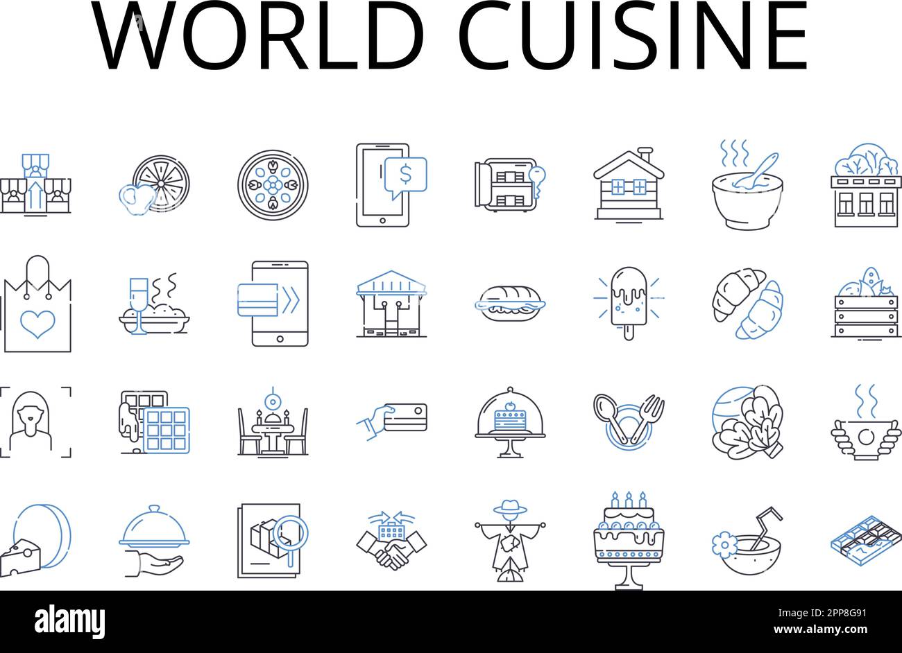 Collection World cuisine Line Icons. Cuisine fine, produits frais, cuisine côtière, cuisine gastronomique, saveurs salées, Ingrédients riches, plats régionaux Illustration de Vecteur