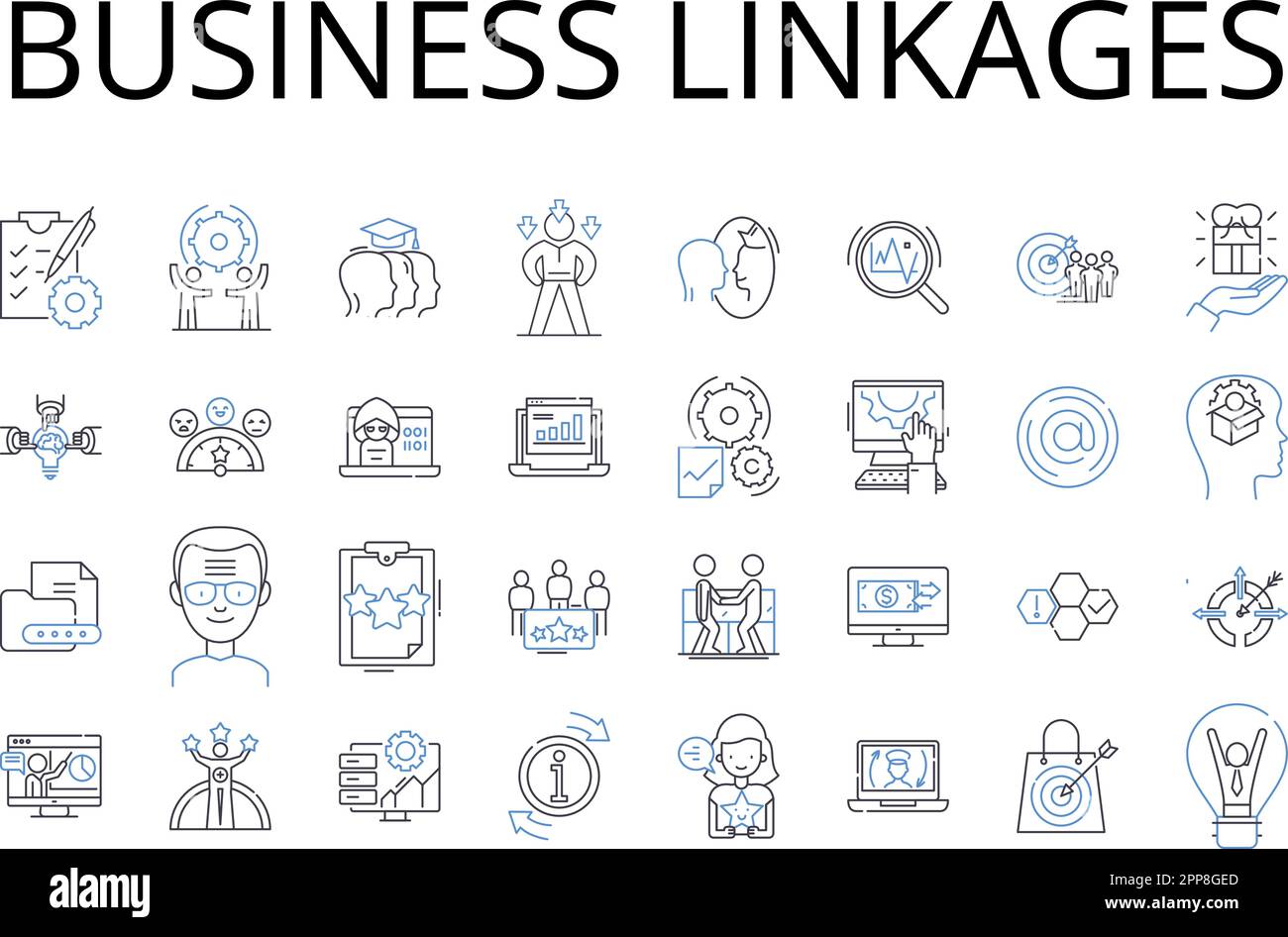 Collection d'icônes de ligne Business Linkages. Relations commerciales, affiliations d'entreprise, partenariats économiques, liens commerciaux, nerks fiscaux, Marché Illustration de Vecteur