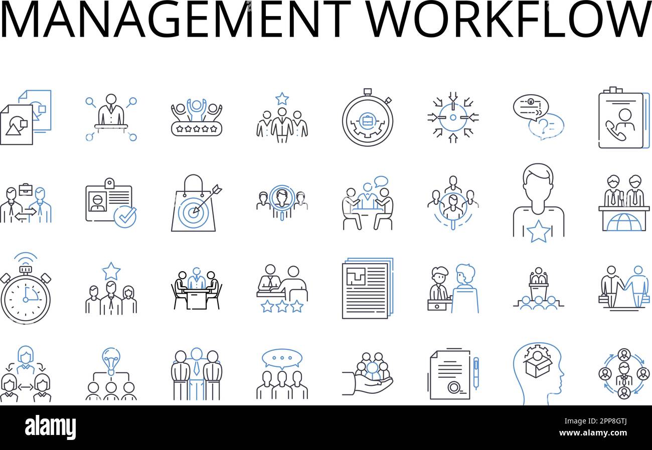 Collection d'icônes de ligne de flux de travail de gestion. Gestion de projet, flux de production créatif, stratégie commerciale, planification marketing, pipeline de production Illustration de Vecteur