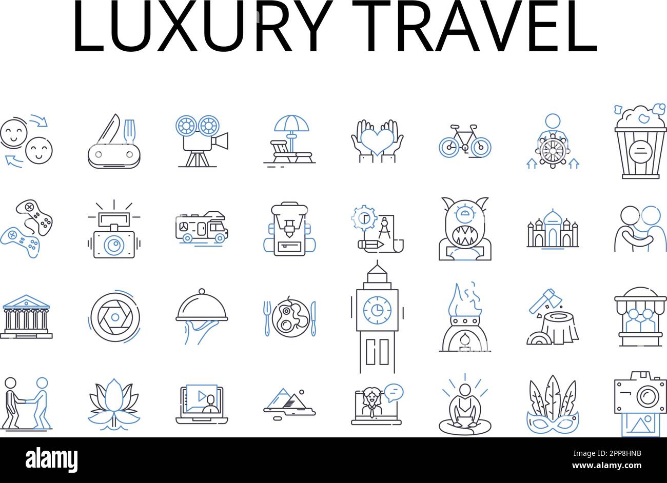 Collection Luxury Travel Line Icons. Voyage haut de gamme, voyage Elite, voyage Premium, voyage Deluxe, voyage somptueux, Voyage extravagant, voyage cinq étoiles Illustration de Vecteur