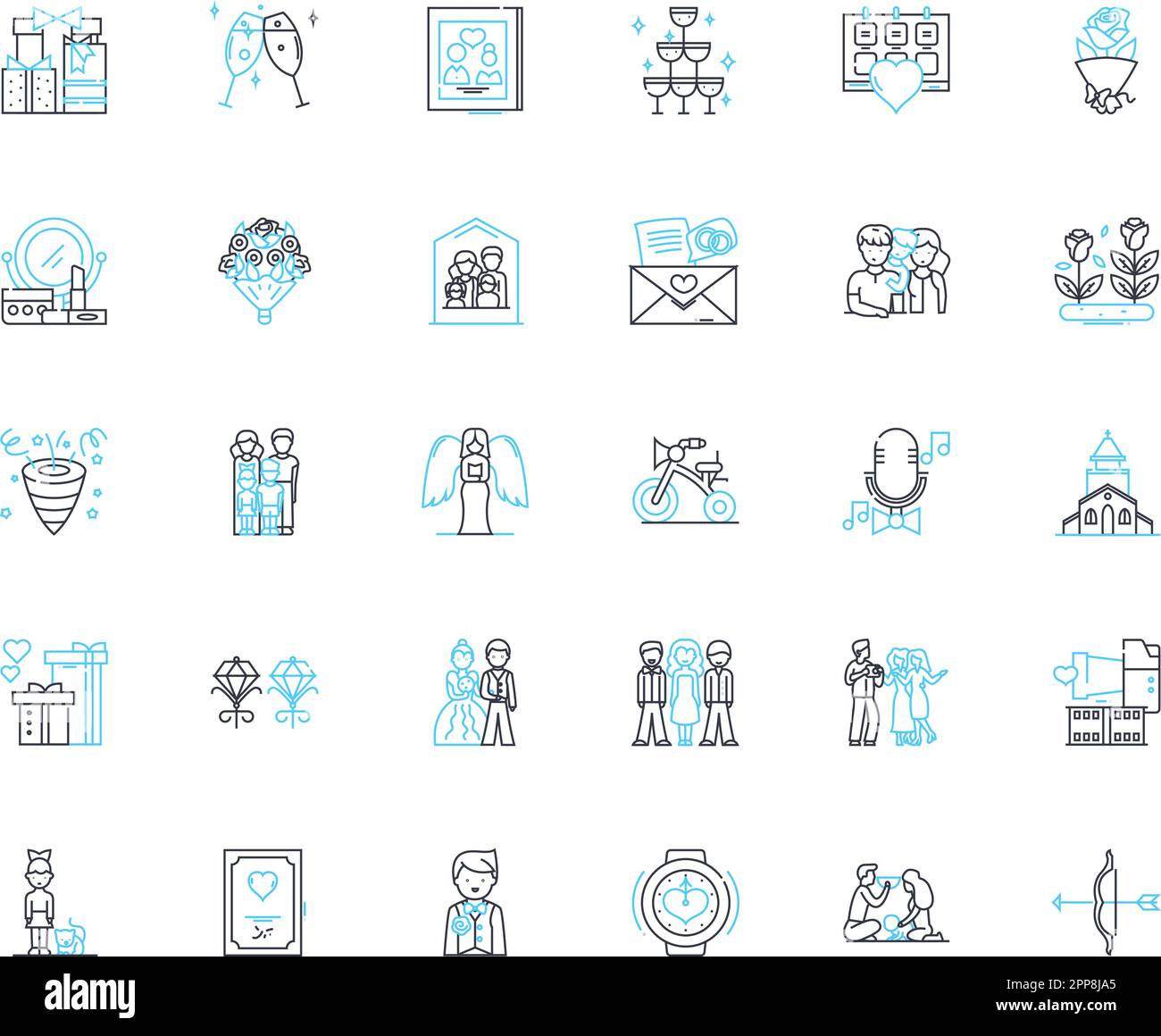 Ensemble d'icônes linéaires nuptials. Mariage, cérémonie, mariage, mariage, mariée, Groom, Amour, vœux vecteur de ligne et signes de concept. Mariée,anneaux,contour d'engagement Illustration de Vecteur