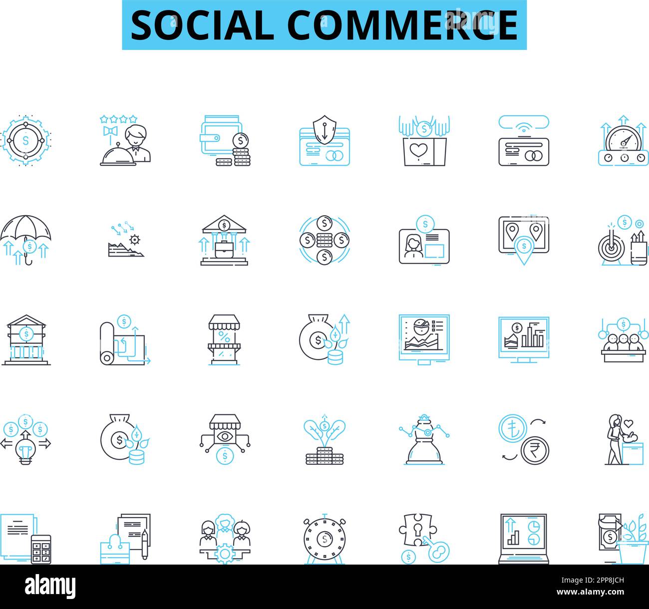 Ensemble d'icônes linéaires de commerce social. Marketplace, E-commerce, Shopping, influenceurs, Publicité, Ventes, rabais vecteur de ligne et signes de concept. Avis Illustration de Vecteur