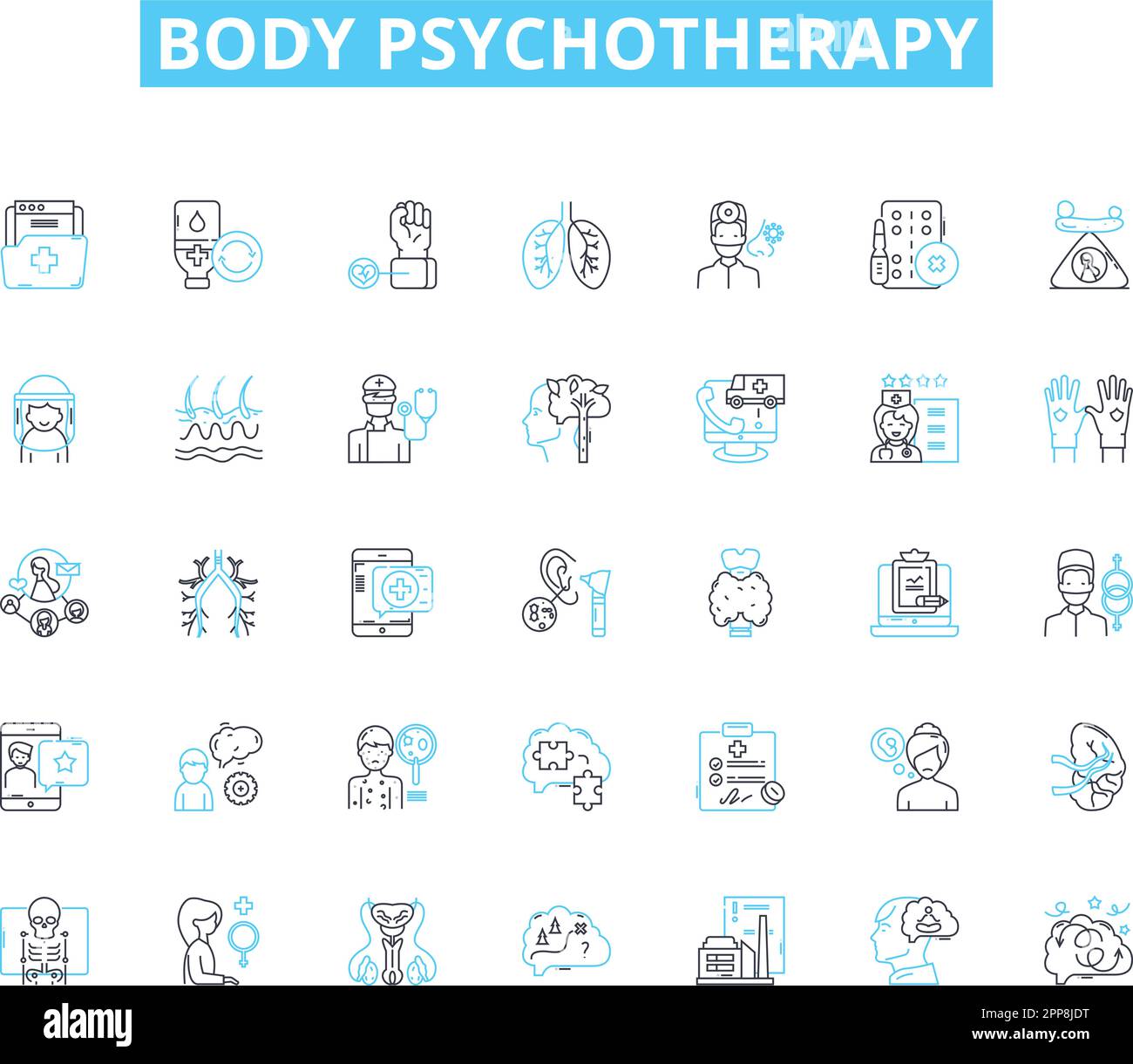 Ensemble d'icônes linéaires de psychothérapie corporelle. Mode de réalisation, mouvement, sensation, Breathwork, Mindfulness, Bioénergétique, vecteur et concept de la ligne d'interoception Illustration de Vecteur