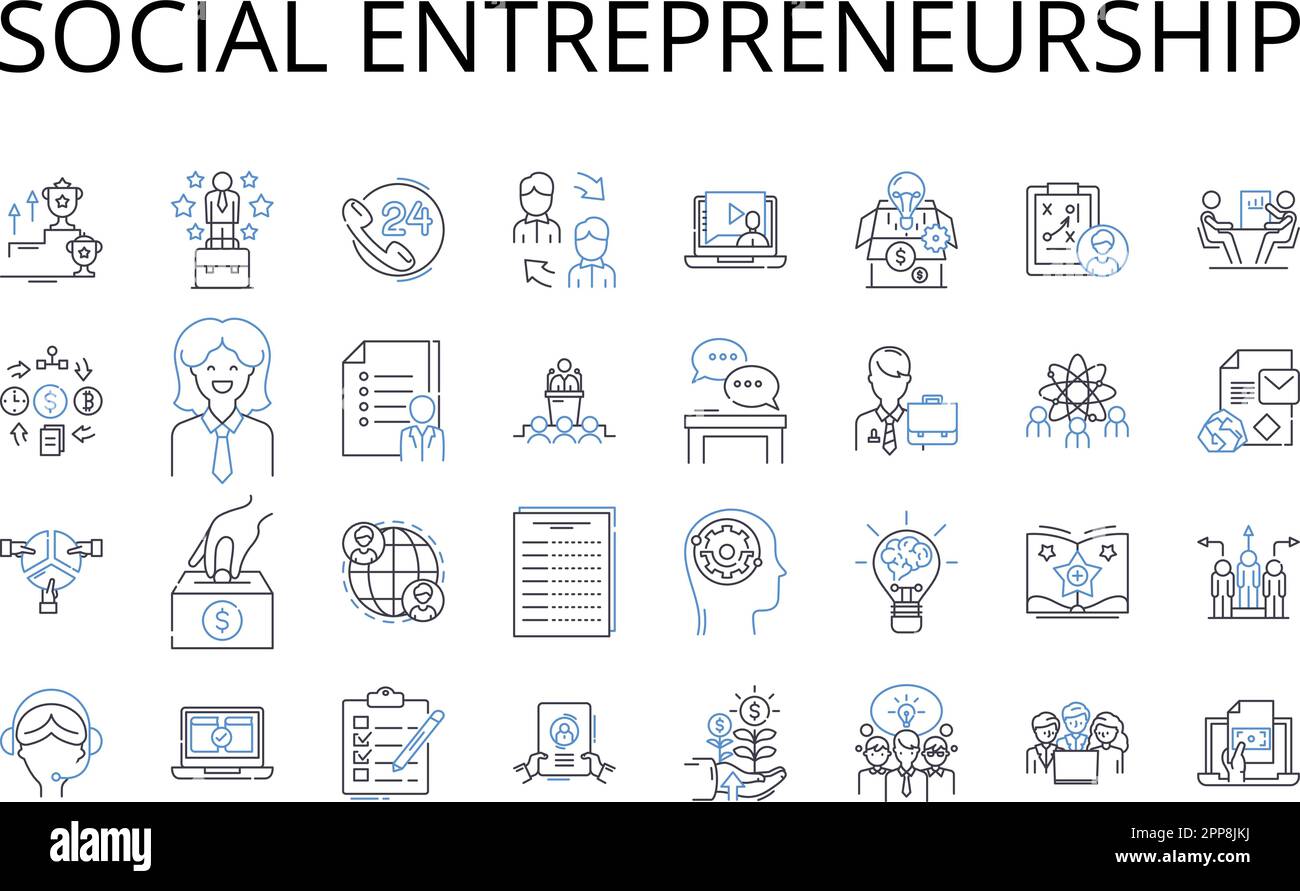 Collection d'icônes de ligne d'entrepreneuriat social. Affaires durables, conservation de l'environnement, développement communautaire, entreprise sociale Illustration de Vecteur