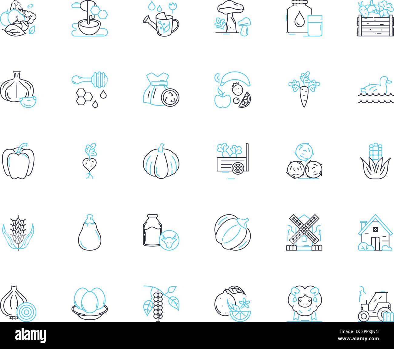 Jeu d'icônes linéaires de culture biologique. Sol, engrais, compost, pesticides, herbicides, Jardin, vecteur de la ligne de ferme et signes de concept. Durable Illustration de Vecteur