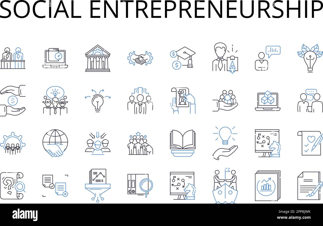 Collection d'icônes de ligne d'entrepreneuriat social. Affaires durables, conservation de l'environnement, développement communautaire, entreprise sociale Illustration de Vecteur