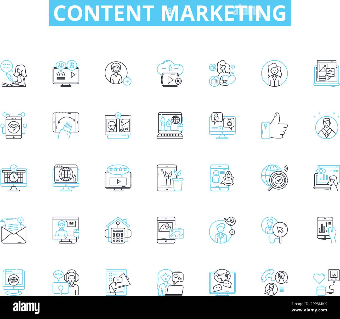 Ensemble d'icônes linéaires de marketing de contenu. Stratégie, Blogs, infographies, vidéos, médias sociaux, SEO, vecteur de ligne analytique et signes de concept. Marquage Illustration de Vecteur