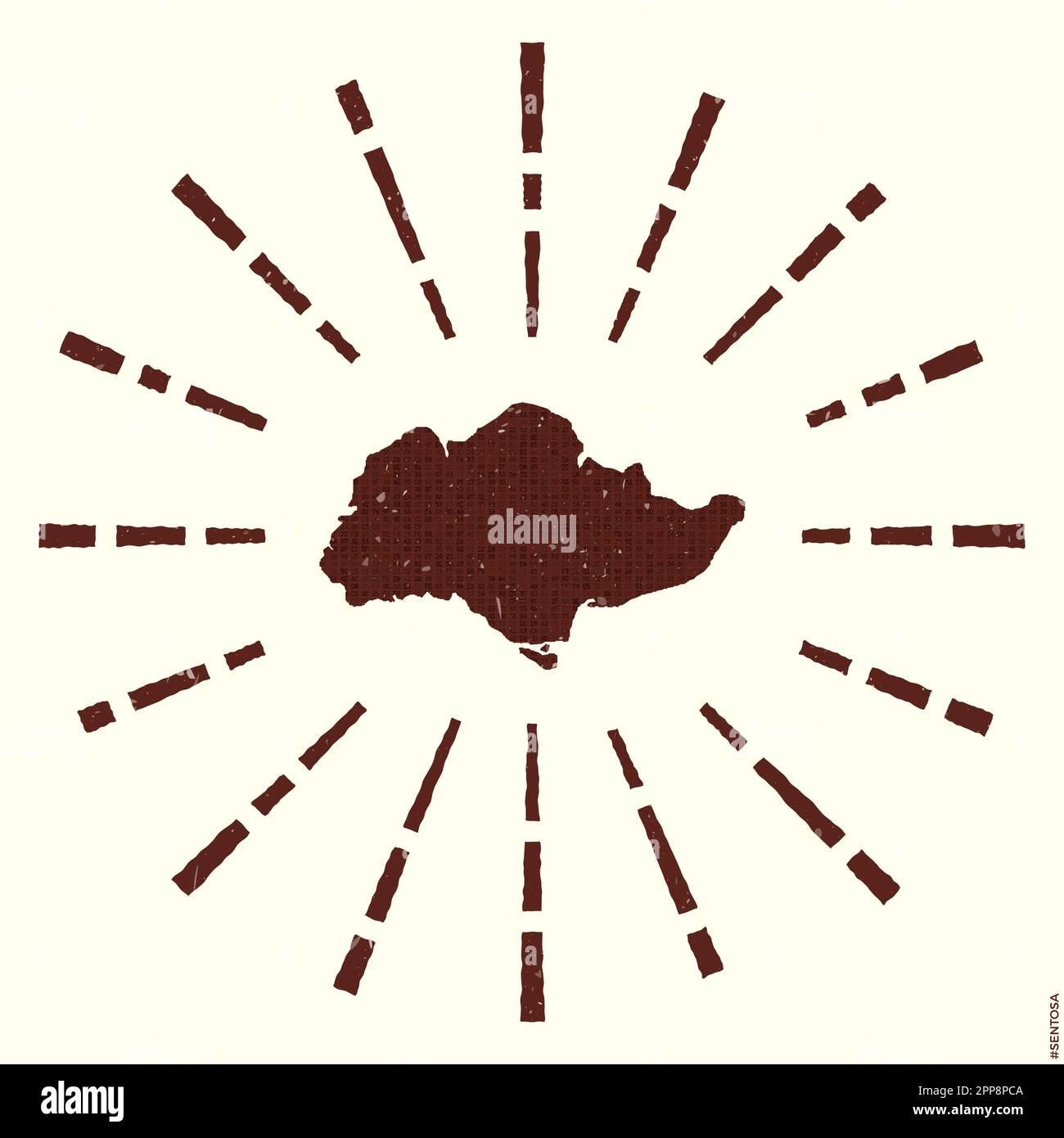 Logo Sentosa. Affiche grunge Sunburst avec carte de l'île. Forme de Sentosa rempli de chiffres hexagonaux avec des rayons de soleil autour. Illustration de Vecteur