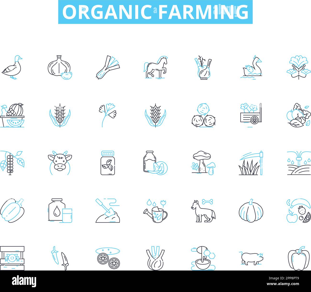 Jeu d'icônes linéaires d'agriculture biologique. Durabilité, sol, pesticides, cultures, engrais, Compost, vecteur de la lignée de biodiversité et signes de concept Illustration de Vecteur