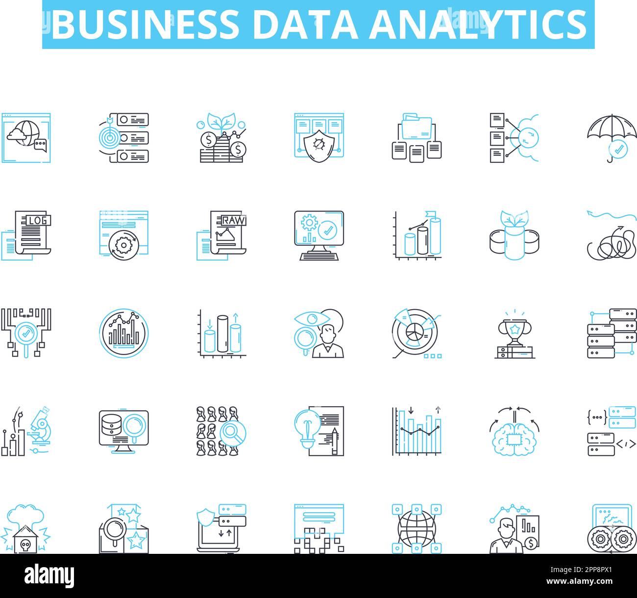 Ensemble d'icônes linéaires d'analyse des données métiers. Aperçus, métriques, visualisation, tableaux de bord, optimisation, Données, vecteur de ligne analytique et signes de concept Illustration de Vecteur