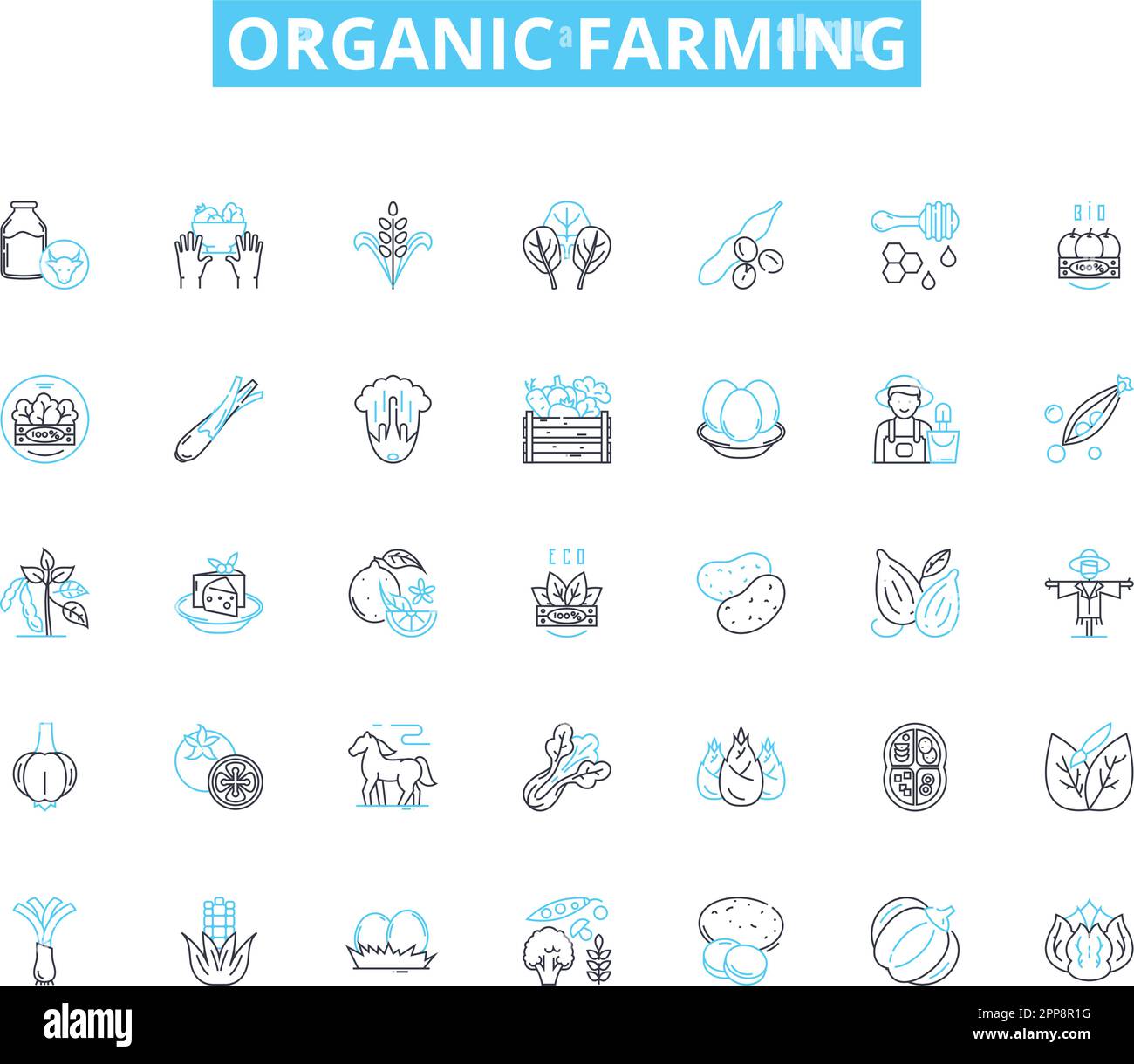 Jeu d'icônes linéaires d'agriculture biologique. Durabilité, sol, pesticides, cultures, engrais, Compost, vecteur de la lignée de biodiversité et signes de concept Illustration de Vecteur