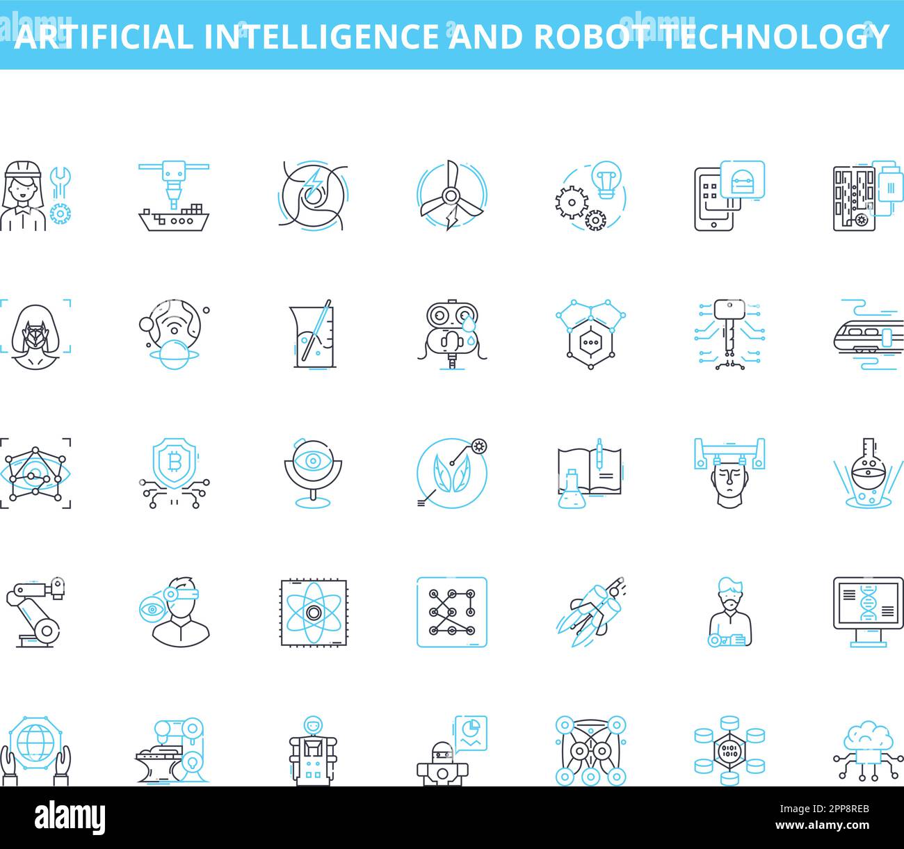 Ensembles d'icônes linéaires d'intelligence artificielle et de technologie de robot. Robotique, automatisation, apprentissage machine, nerks neuronaux, systèmes experts, Chatbots Illustration de Vecteur