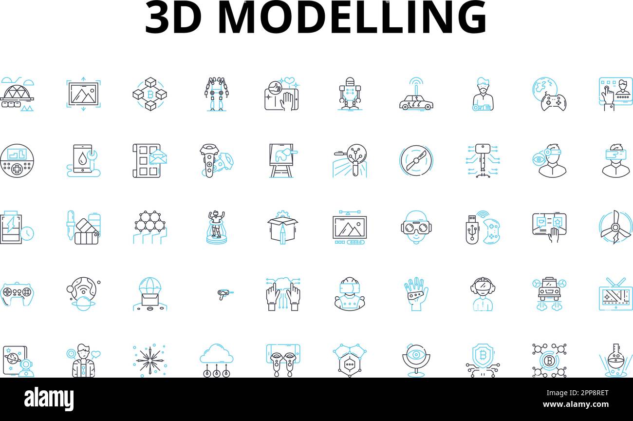 ensemble de 3d icônes linéaires de modélisation. Rendu, Sculpture ...
