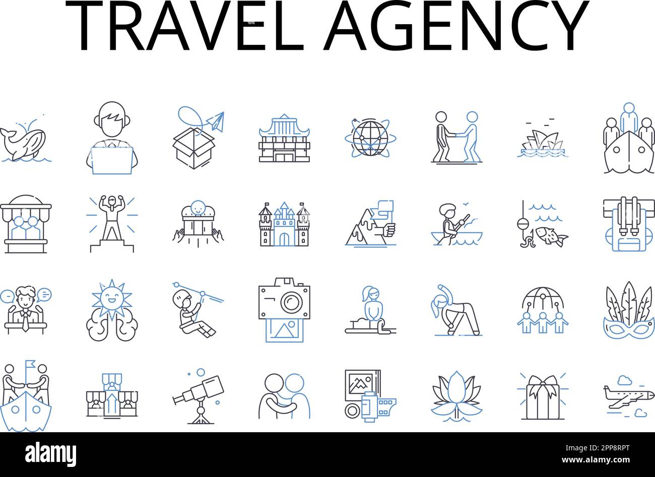 Collection d'icônes de ligne d'agence de voyages. Voyagiste, planificateur d'expédition, gestion de voyage, gérant d'itinérance, trotter Globe, Organisateur d'aventure Illustration de Vecteur