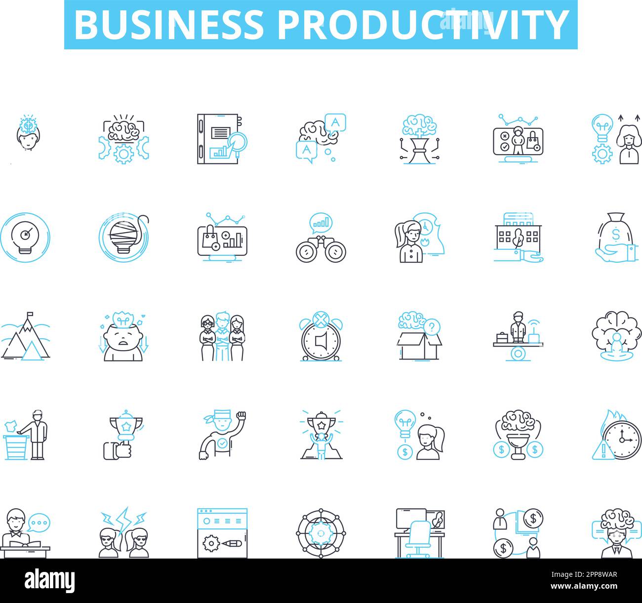 Ensemble d'icônes linéaires de productivité d'entreprise. Efficacité, optimisation, rationalisation, innovation, opportunité, Planification, vecteur de ligne de collaboration et Illustration de Vecteur