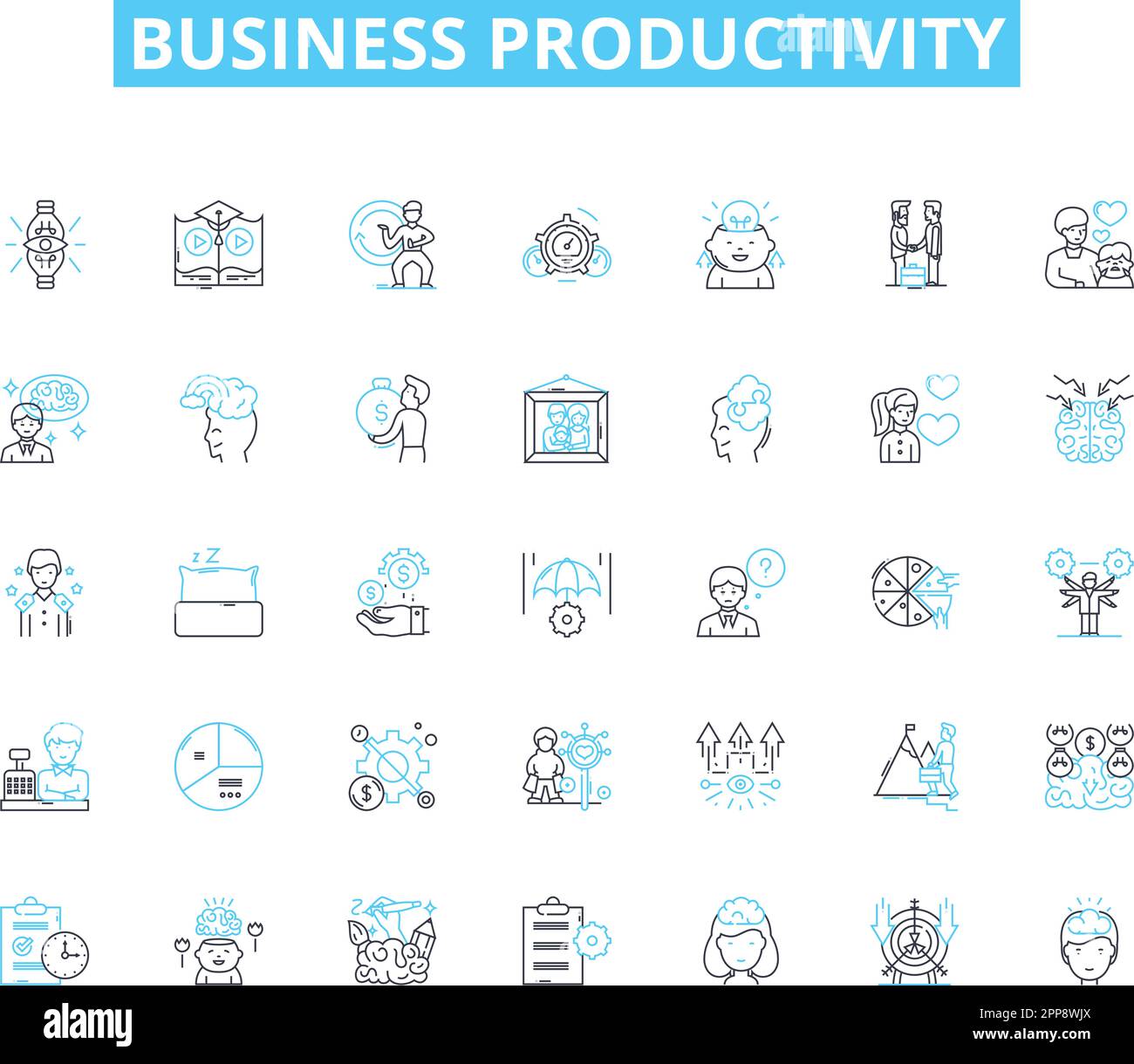 Ensemble d'icônes linéaires de productivité d'entreprise. Efficacité, optimisation, rationalisation, innovation, opportunité, Planification, vecteur de ligne de collaboration et Illustration de Vecteur