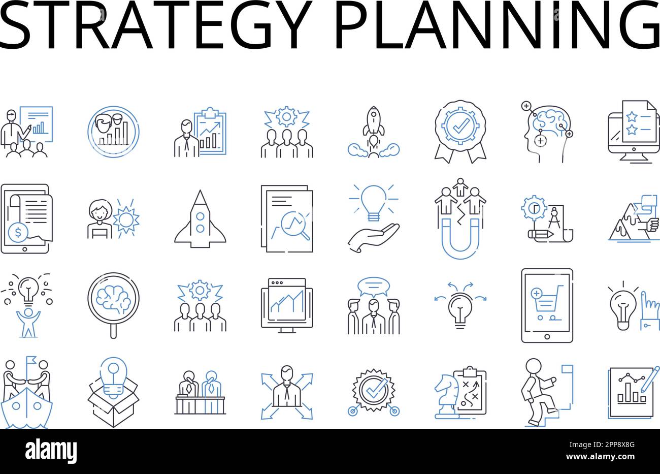 Collection d'icônes de ligne de planification de stratégie. Définition d'objectifs, Plan d'action, génération d'idées, mappage de projet, planification de tâches, Prise de décision, cartographie future Illustration de Vecteur