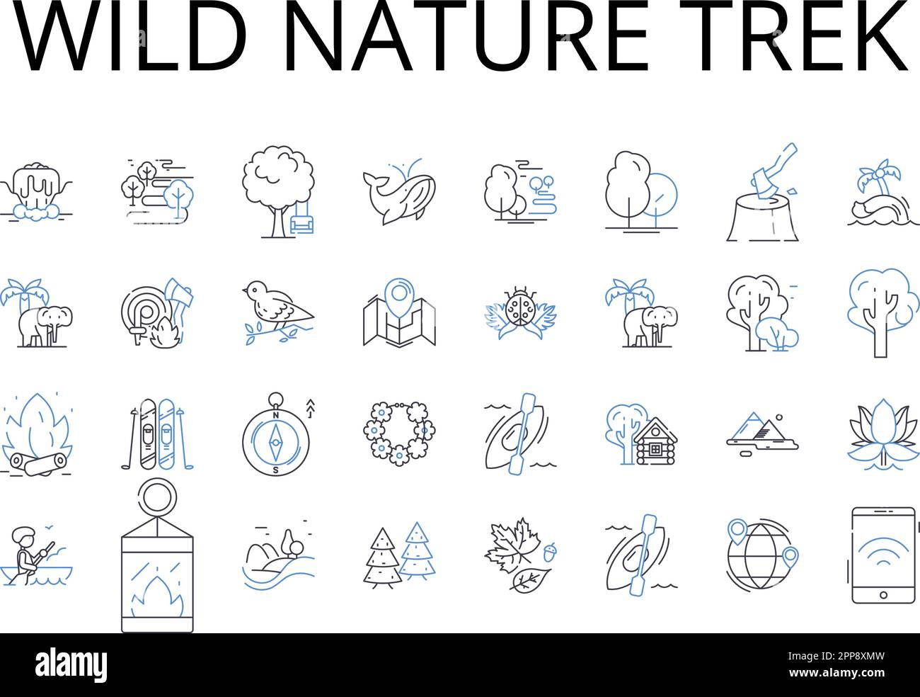 Collection Wild nature Trek Line Icons. Ascension de montagne escarpée, plongée en haute mer, promenade sur la plage de Serene, cascade Majestic, exploration mystérieuse de grottes Illustration de Vecteur