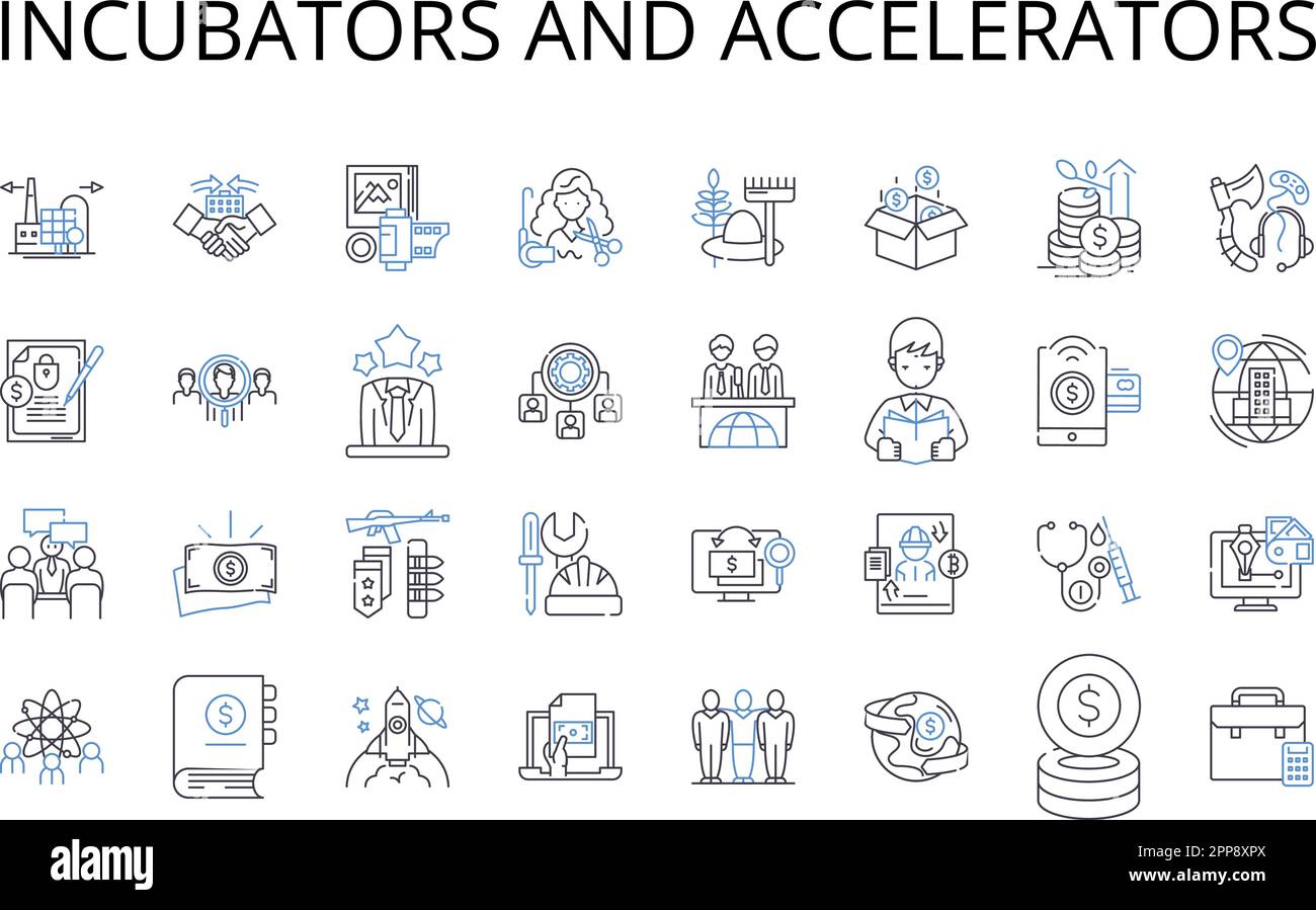 Collection d'icônes de la gamme incubateurs et accélérateurs. Laboratoires de démarrage, studios Venture, centres d'innovation, bailleurs de fonds Seed, centres d'entrepreneurs, Croissance Illustration de Vecteur