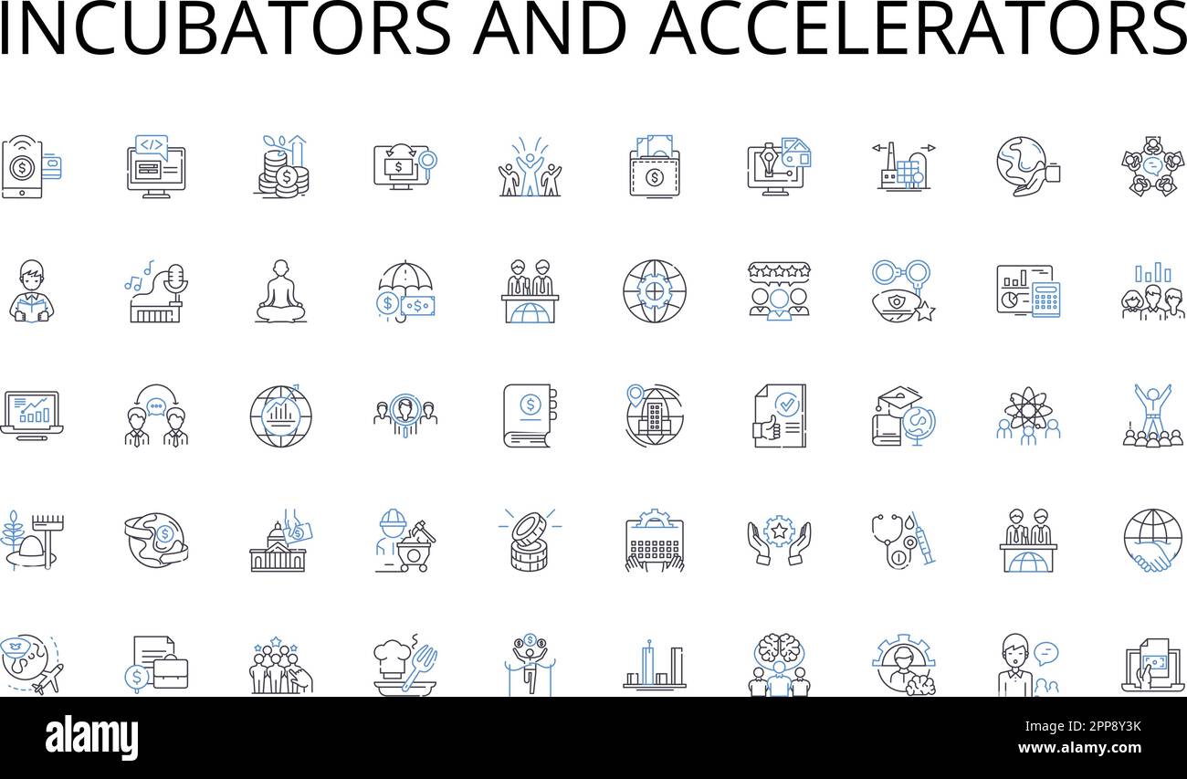 Collection d'icônes de la gamme incubateurs et accélérateurs. Central, exécutif, entreprise, commandement, responsable, Illustration principale, vecteur de moyeu et linéaire. Principal Illustration de Vecteur