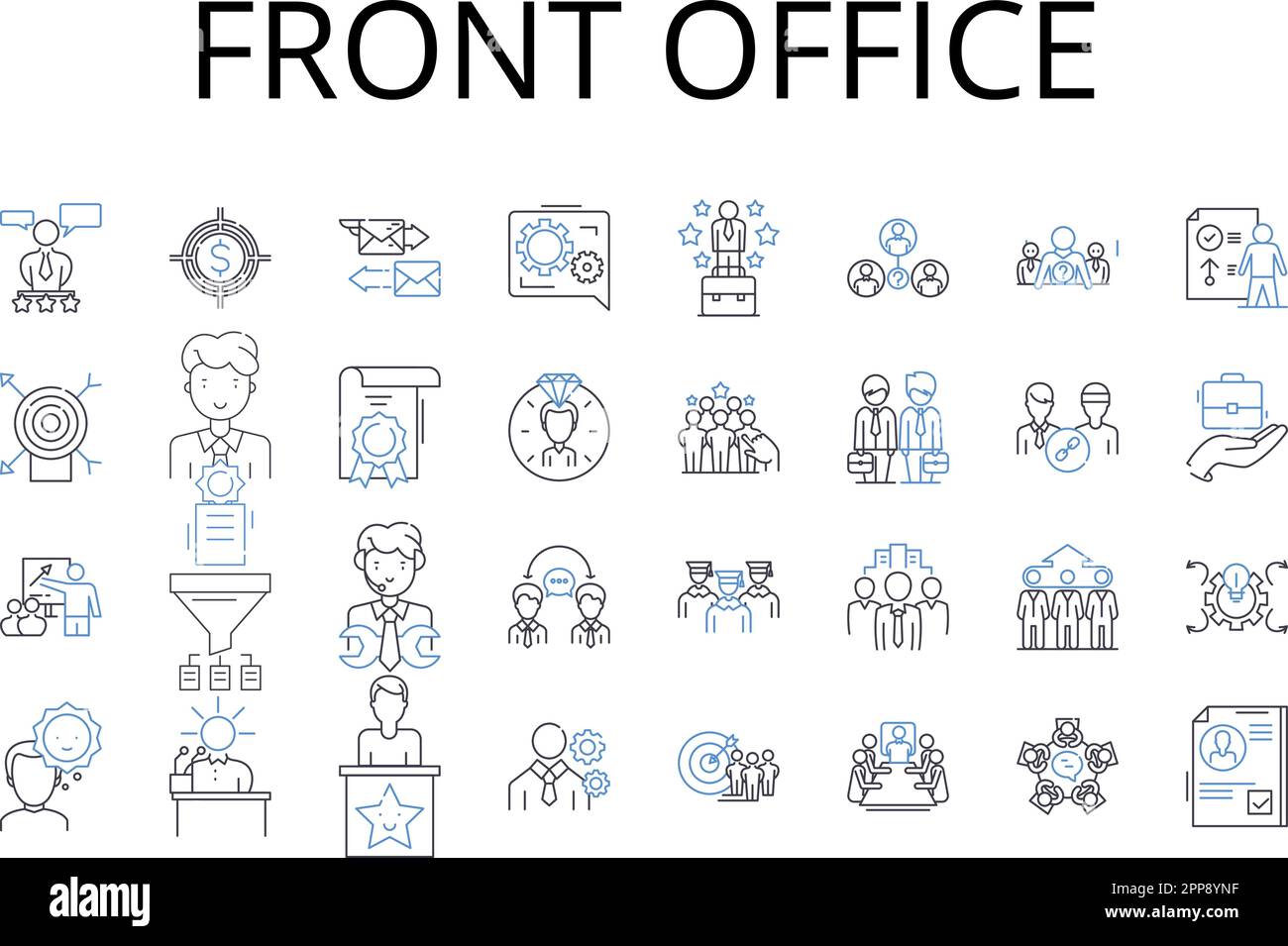 Collection d'icônes de front office. Espace coulisses, service clientèle, réception, support administratif, suite Executive, Centre de service à la clientèle Illustration de Vecteur
