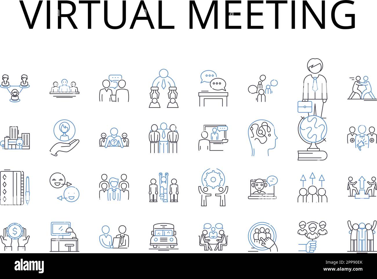 Collection d'icônes de ligne de réunion virtuelle. Conférence en ligne, rassemblement numérique, présentation à distance, assemblage électronique, session de webinaire, Chat vidéo Illustration de Vecteur