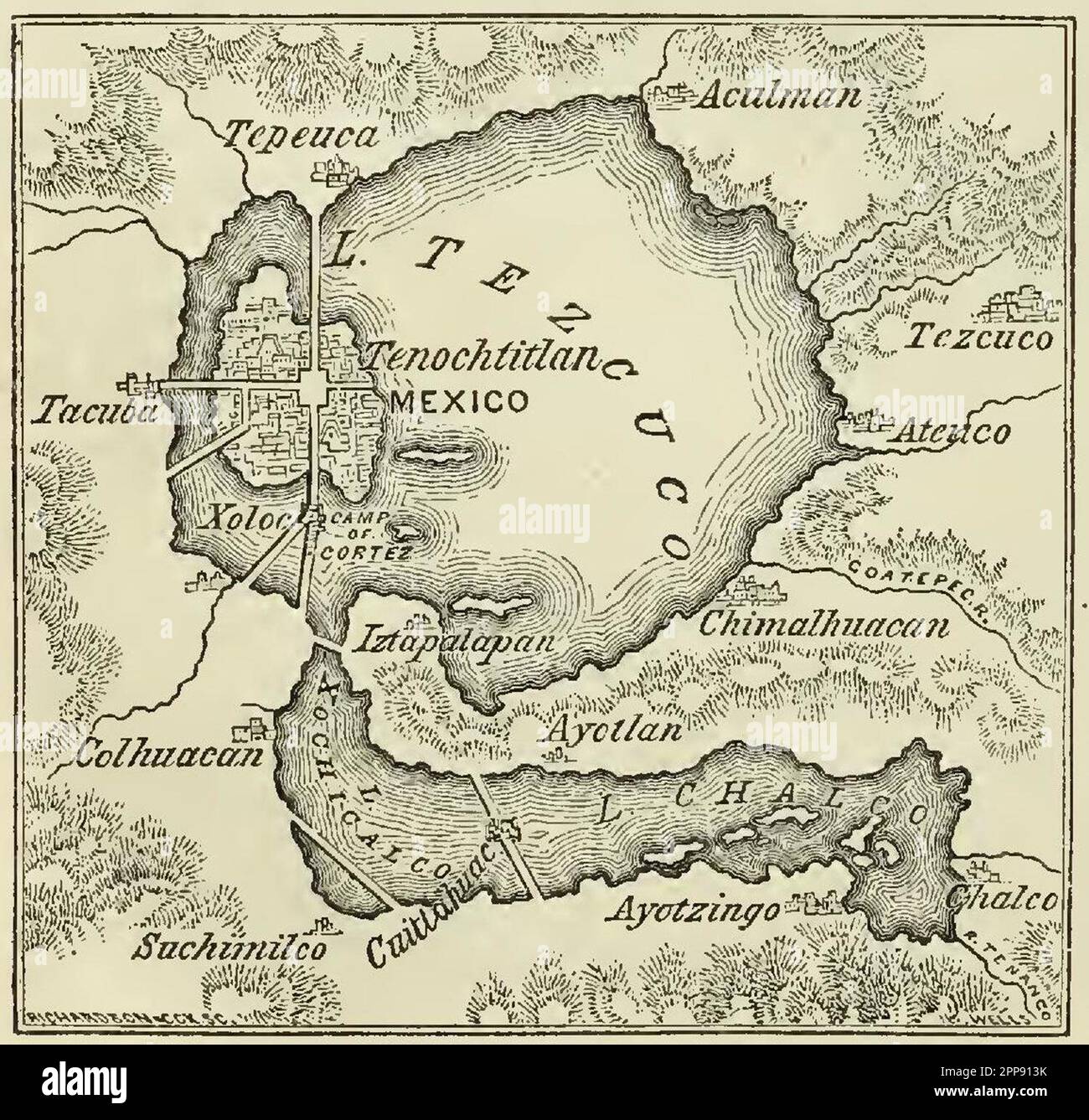 Carte d'époque du lac Texcoco ou Lago Tezcuco et de l'ancienne ville aztèque de Tenochtitlan, Marco, Harper & Brothers Publishers 1856 Banque D'Images