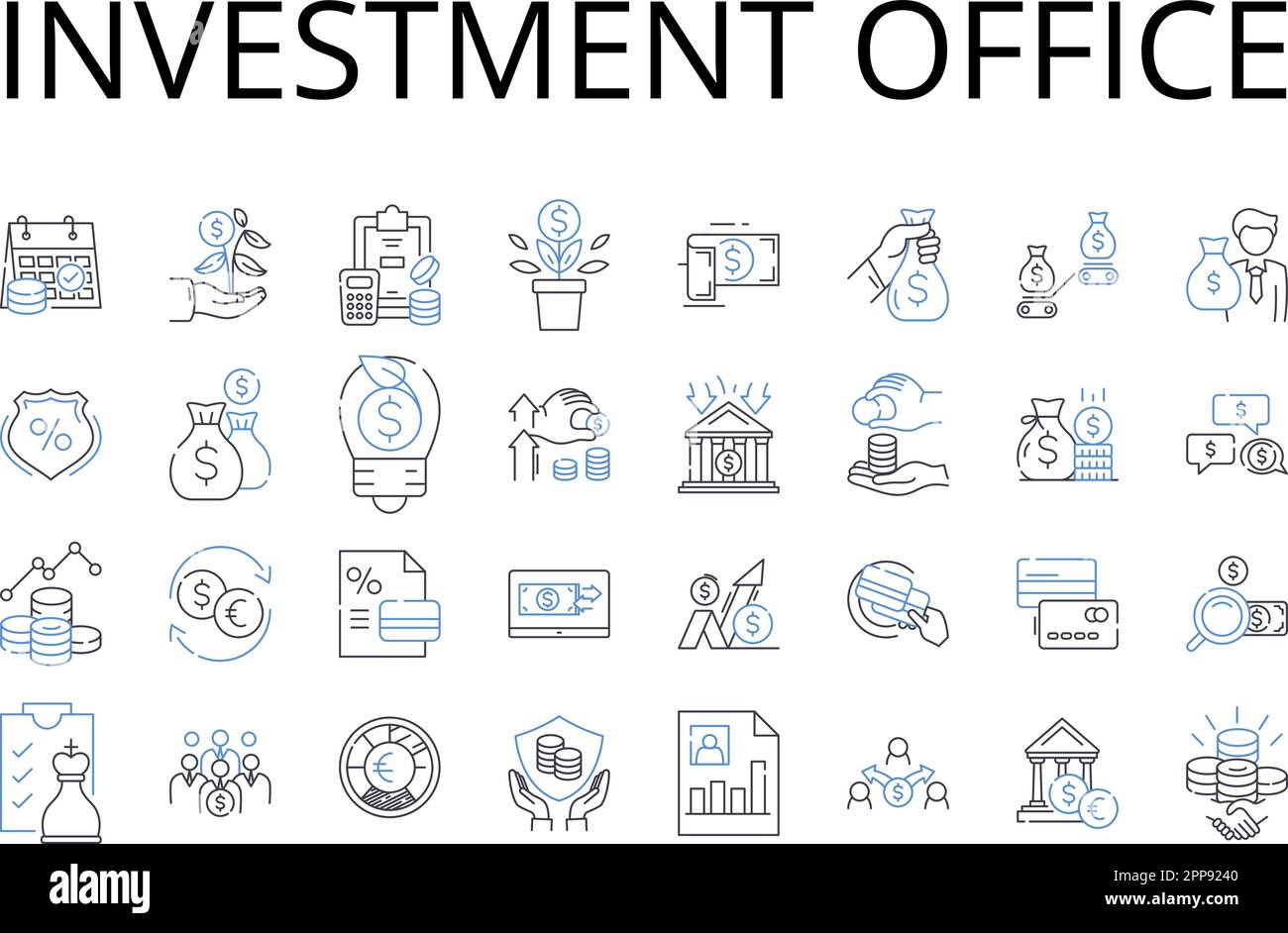 Collection d'icônes de la gamme de bureaux d'investissement. Bureau de gestion de patrimoine, Centre de gestion financière, entreprise de placement, Société de gestion d'actifs, Portefeuille Illustration de Vecteur