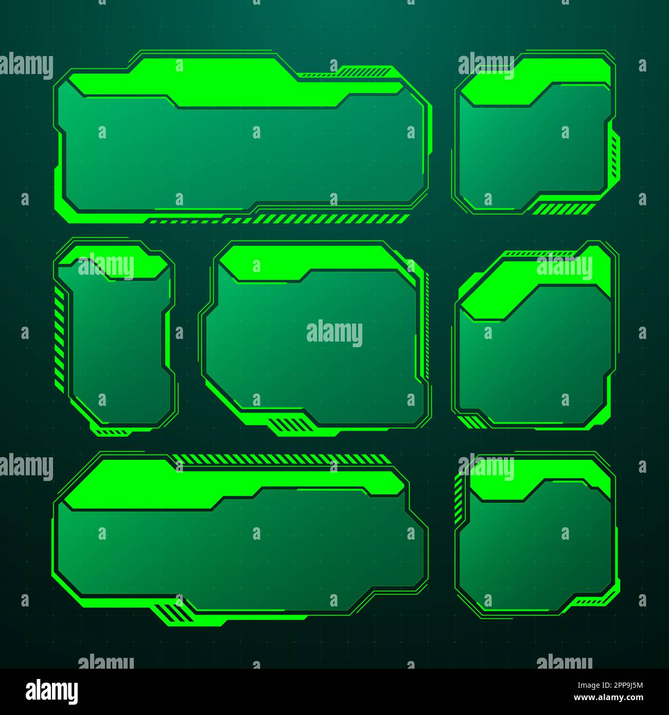 Affichage tête haute futuriste vert, éléments d'interface utilisateur. Zones de texte et légendes de l'interface utilisateur SCI-fi. Cadres de message d'avertissement, modèle de zones d'information. Jeu moderne Illustration de Vecteur