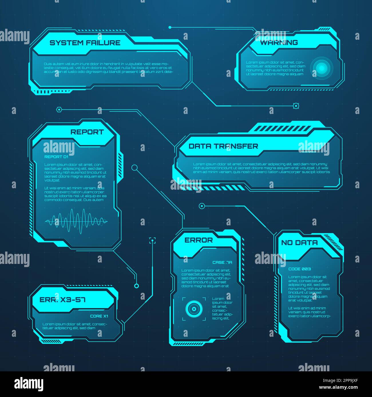 Éléments HUD ou UI futuristes bleus. Zones de texte et légendes de l'interface utilisateur SCI-fi. Cadres de message d'avertissement, modèle de zones d'information. Jeu moderne Illustration de Vecteur