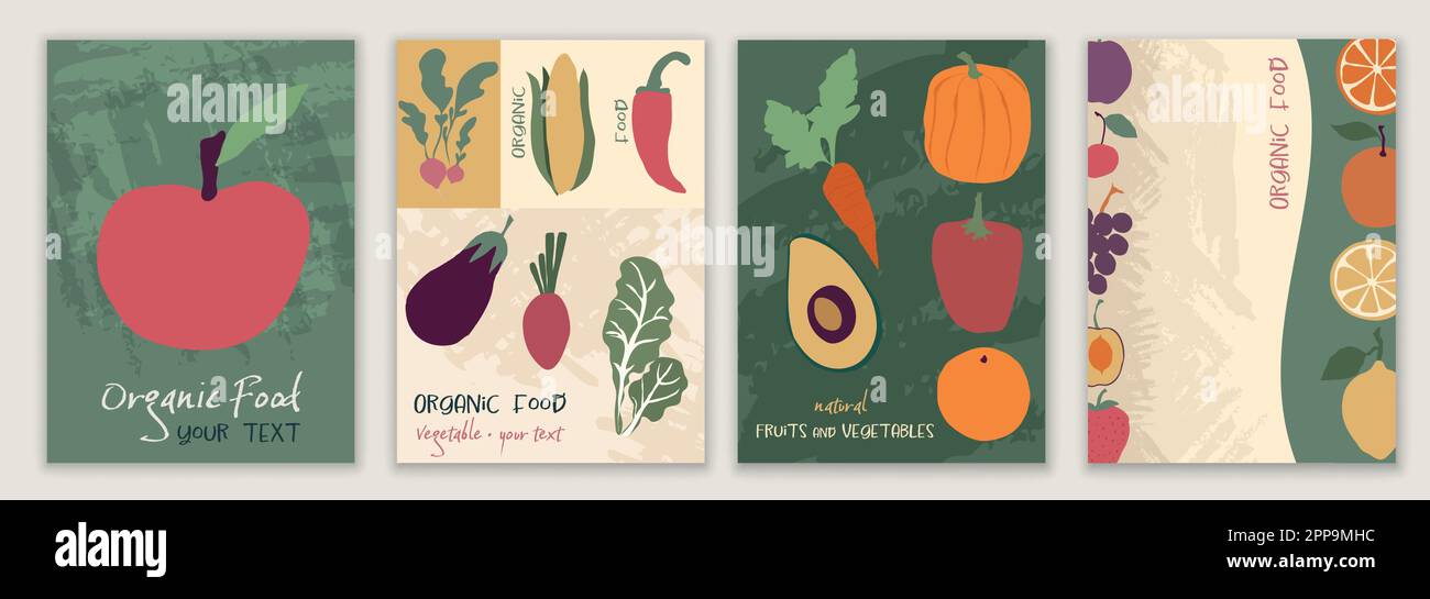 Ensemble d'affiches pour les légumes frais et les fruits biologiques.Greengrocers Shop ou restaurant utilisant des produits alimentaires naturels sains et bio. Ferme biologique Illustration de Vecteur
