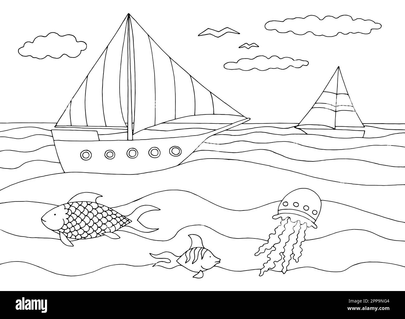 Voile navire coloriage graphique noir blanc mer esquisse illustration vecteur Illustration de Vecteur