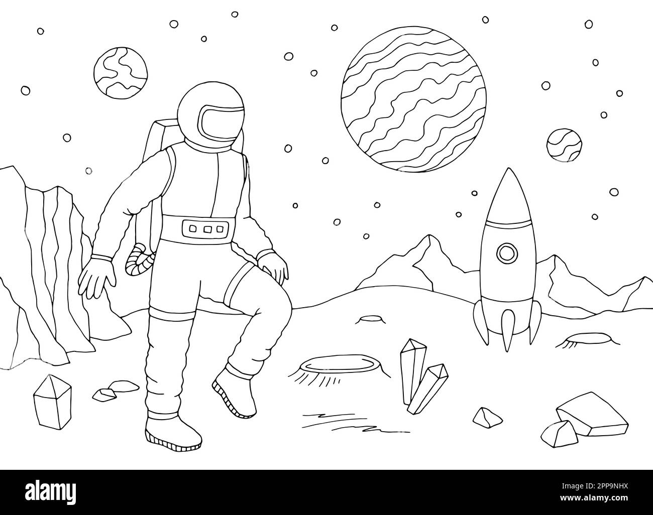 Spaceman astronaute marchant sur une planète extraterrestre. Illustration graphique d'esquisse de paysage d'espace noir et blanc, vecteur Illustration de Vecteur