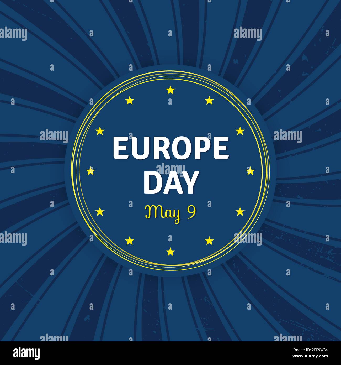 Illustration du vecteur de l'affiche carrée de la fête de l'Europe. Journée Europa 9 mai célébration de l'Union européenne. Sunburst Vintage Grunge. Thème drapeau Typographie d'étoile Illustration de Vecteur