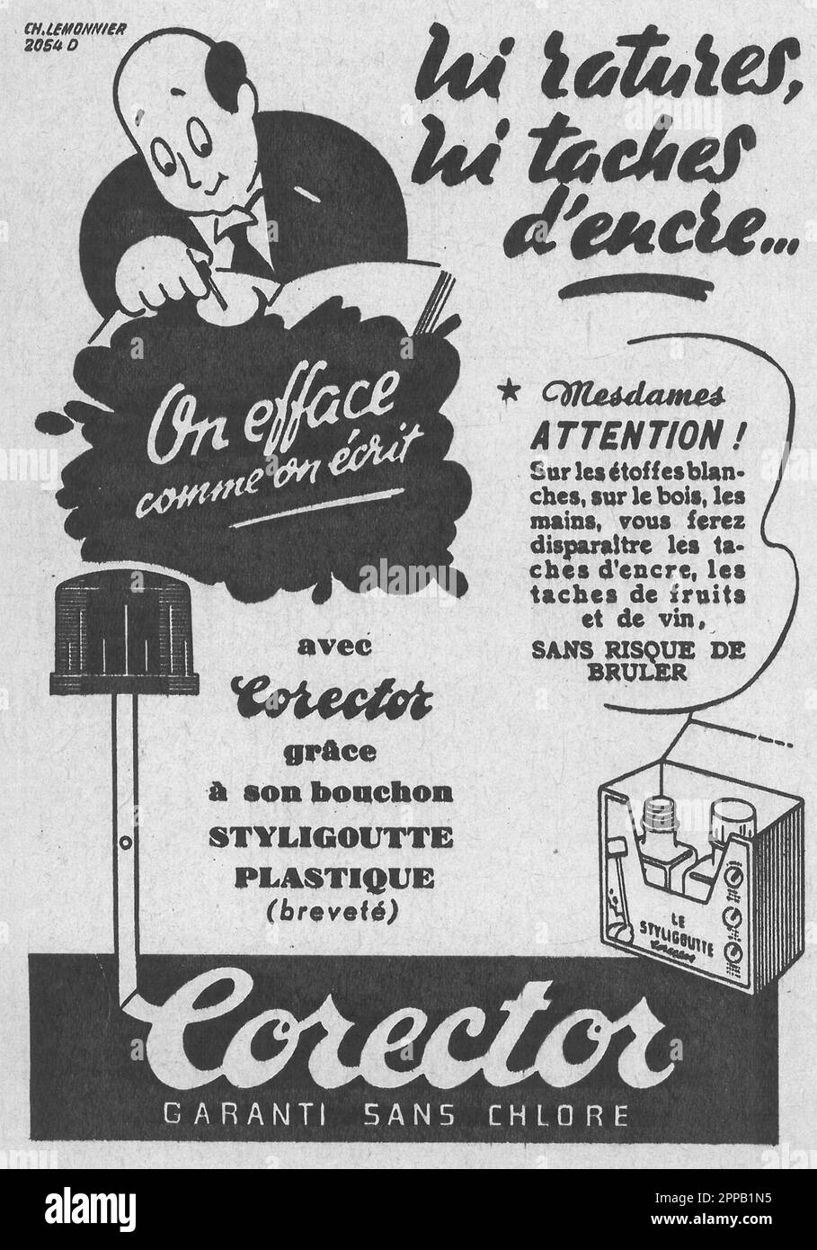 Corector styligoutte gomme pour stylo plume encre écriture French print annonce, 1950 Banque D'Images