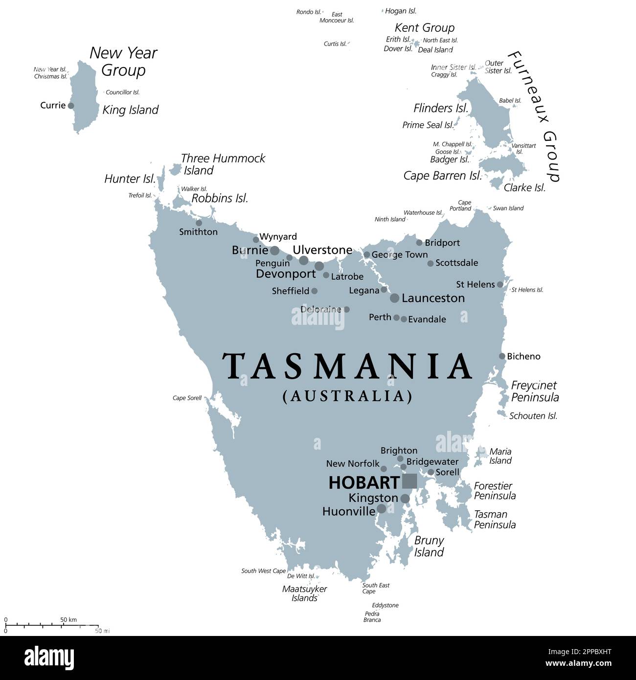 Tasmanie, État insulaire de l'Australie, carte politique grise. Situé au sud du continent australien, entouré de mille îles, avec la capitale Hobart. Banque D'Images