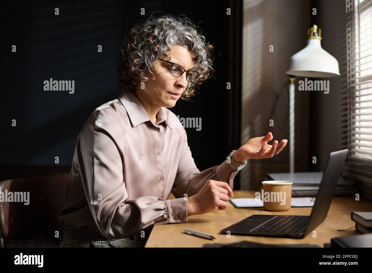 Psychothérapeute mature et confiant parlant au patient lors d'un rendez-vous ou d'une session en ligne, assis devant un ordinateur portable au bureau Banque D'Images