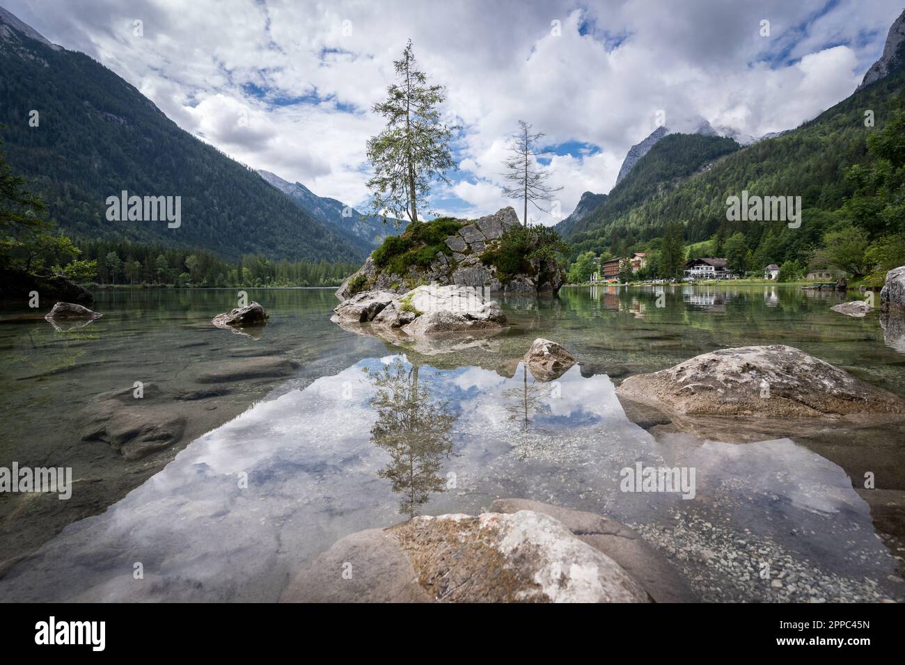 Tarn alpin aux eaux cristallines avec des îles rocheuses avec arbre, Hintersee, Allemagne Banque D'Images