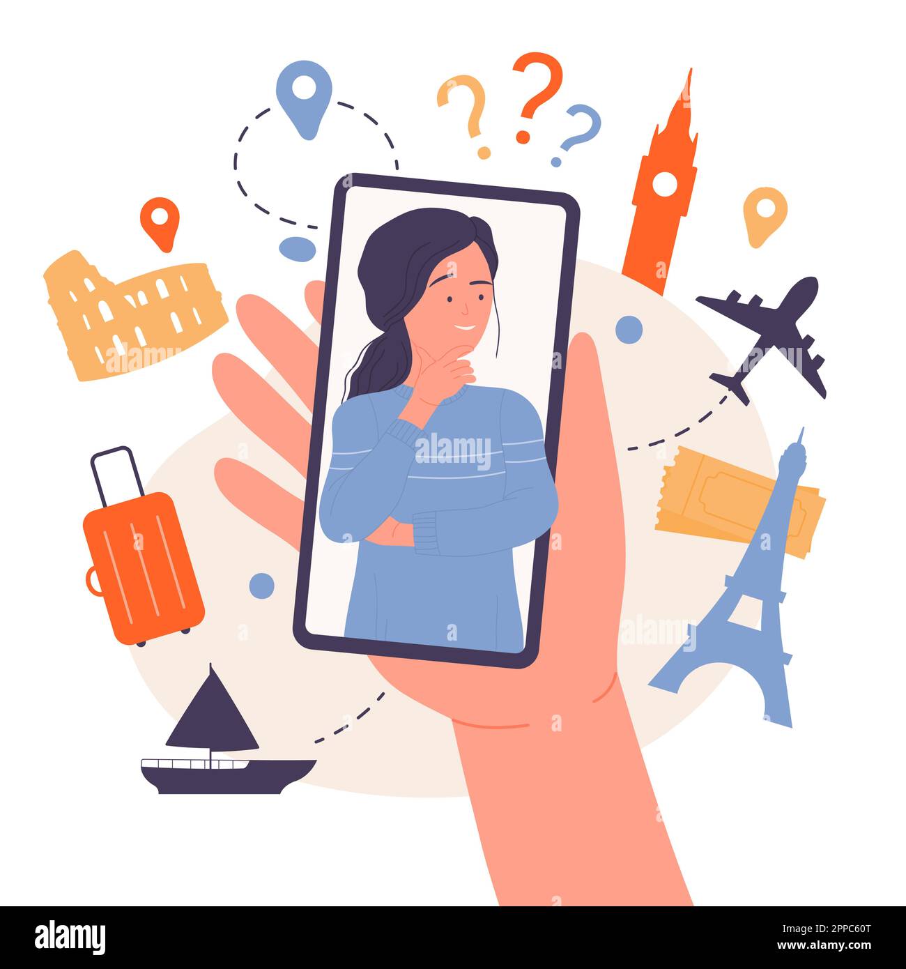 Femme planifiant un voyage, pensant au choix du pays de destination illustration de vecteur. Dessin animé main tenant téléphone mobile avec psif mignon fille à l'écran pour choisir les monuments emplacement et le transport Illustration de Vecteur