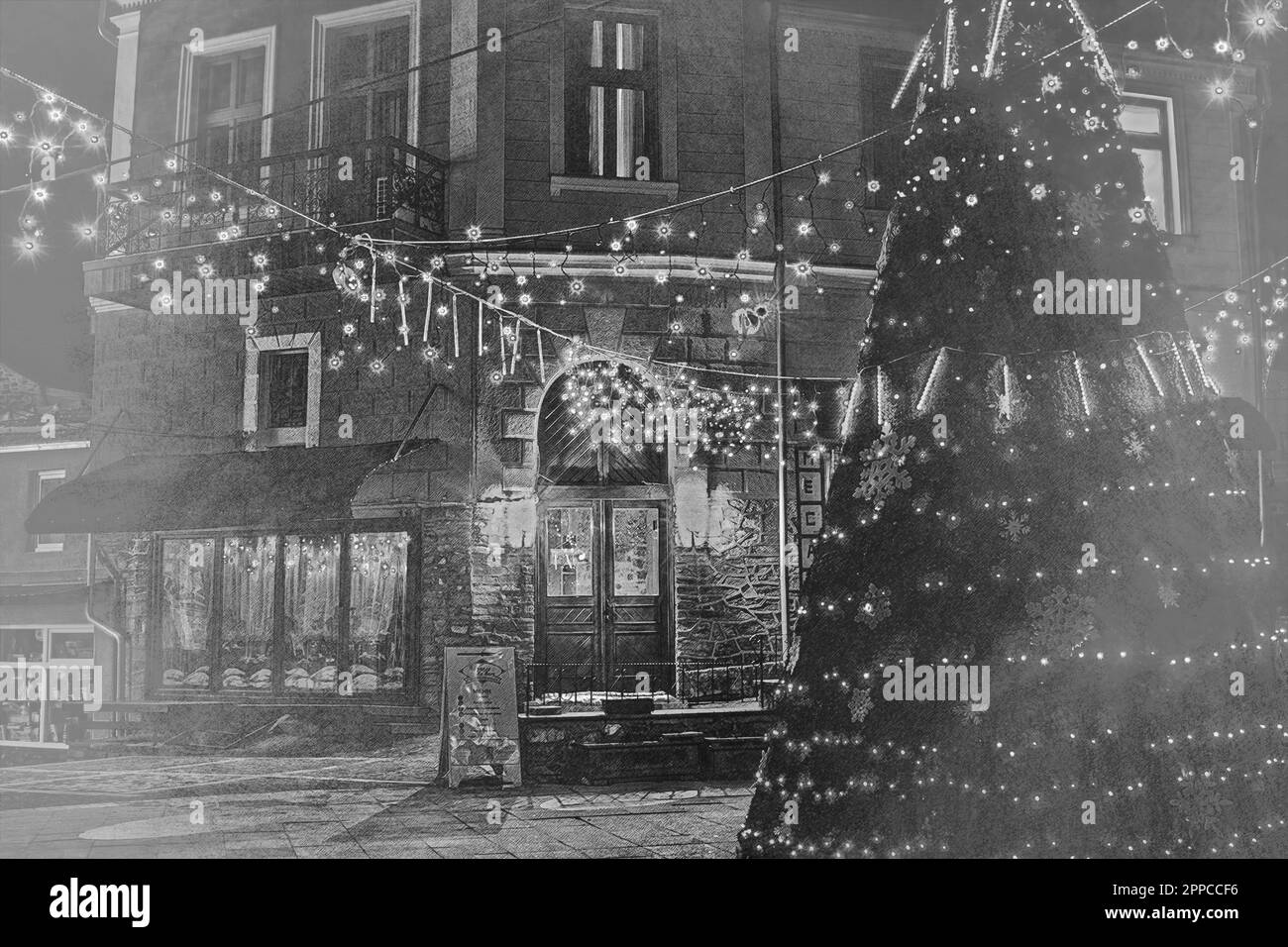 Dessin d'art noir et blanc d'arbre de noël avec maison, restaurant et lumière de noël Banque D'Images