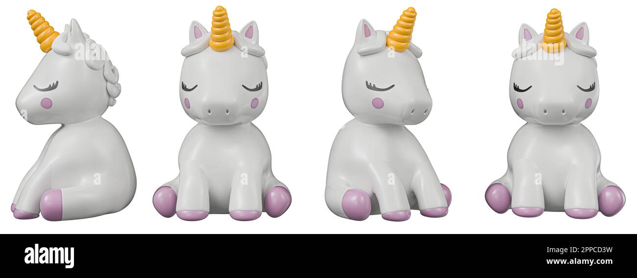 Caricature Unicorn différents angles isolés sur fond blanc Détails de haute qualité - rendu 3D Banque D'Images