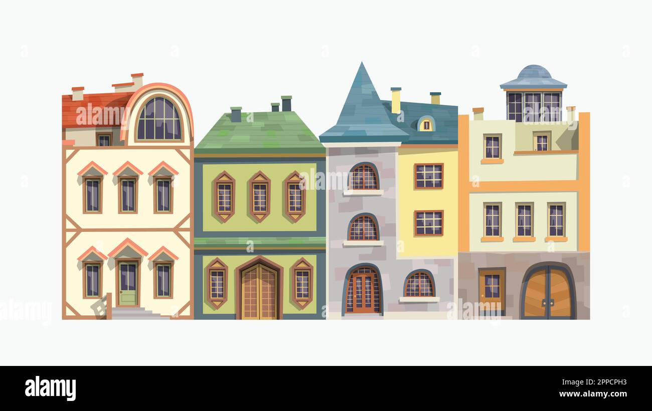 vue sur l'avant des maisons anciennes traditionnelles dans l'ensemble Illustration de Vecteur