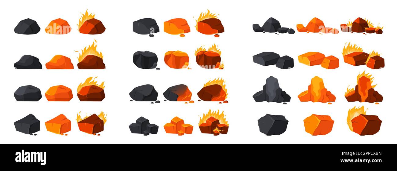 Illustration vectorielle de la séquence de combustion du charbon. Bande dessinée pile chaude isolée de roches de charbon de bois et des morceaux flamboyants brûlent dans barbecue, feu de joie ou four, Illustration de Vecteur