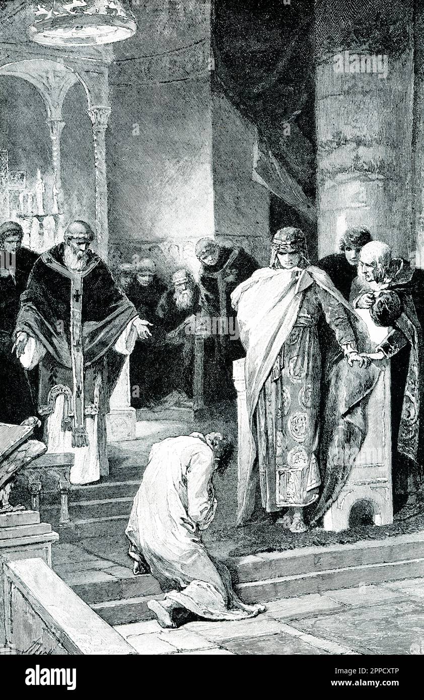 La légende de 1906 se lit comme suit: 'Otto pardoning frère Henry dans la cathédrale de Frankfort [dans plus tard 900s après J.-C.] Otto le Grand, après avoir écrasé la rébellion de son frère Thankmar, a trouvé son frère cadet Henry comploter également contre lui. Henry s'enfuit, mais un jour de Noël alors que le chœur chantait « la paix sur Terre », il est venu comme un étranger et s'est épeillé aux pieds d'Otto dans la cathédrale de Frankfort. Otto lui pardonna, et par la suite Henry resta son fidèle allié." Banque D'Images